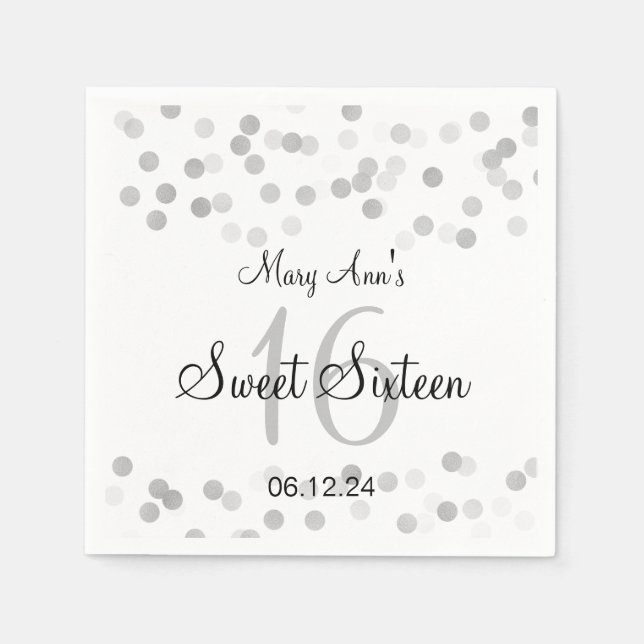 Elegant Sweet 16 Faux Silver Foil Glitter Ljus Pappersservett (Framsidan)