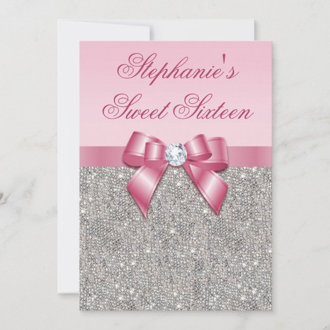 Elegant Sweet 16 Faux Silver Sequins Rosa Bow Inbjudningar (Framsida)