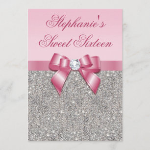 Elegant Sweet 16 Faux Silver Sequins Rosa Bow Inbjudningar