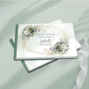 Elegant Sweet 16 grön och guld boho lövverk gäst Gästböcker