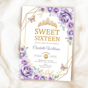 Elegant Sweet 16 Lila Violetta Rosor Guld Inbjudningar