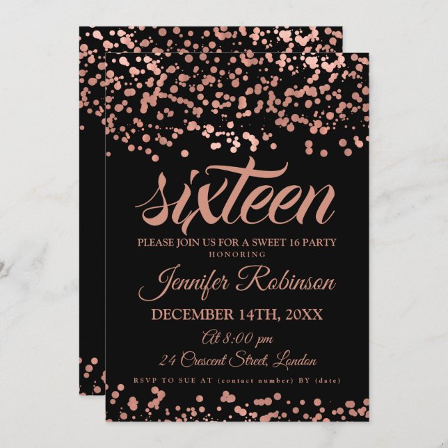 Elegant Sweet 16 Ro Guld & Black Foil Confetti Inbjudningar (Fram/baksida)