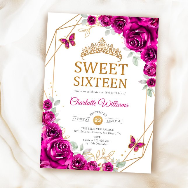 Elegant Sweet 16 Rosa Fuchsia Rosor Guld Inbjudningar (Skapare uppladdad)