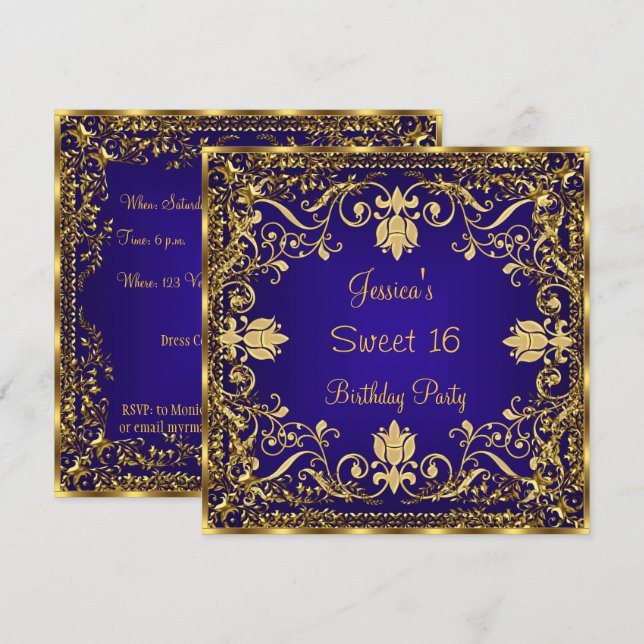Elegant Sweet 16 Royal Blue Guld Inbjudan (Fram/baksida)