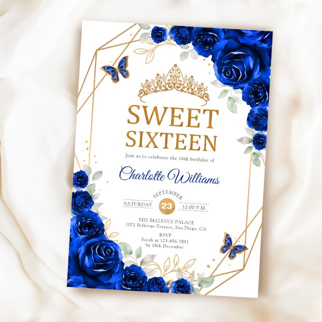 Elegant Sweet 16 Royal Blue Rosor Guld Inbjudningar (Skapare uppladdad)