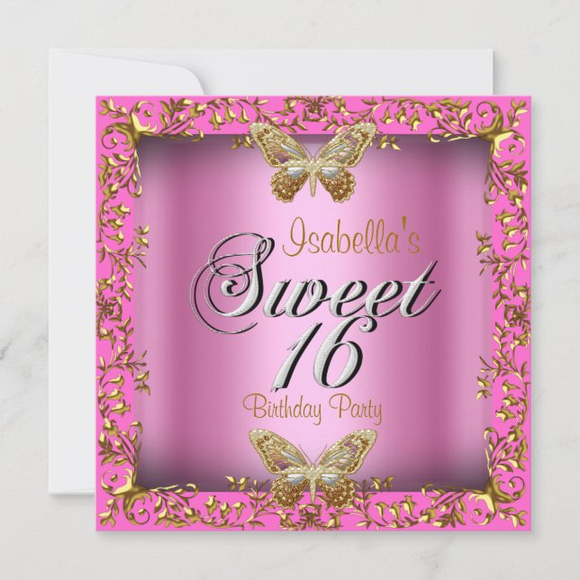 Elegant Sweet 16 Sexton Rosa Guld Butterfly Inbjudningar (Framsida)