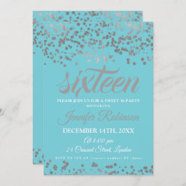 Elegant Sweet 16 Silver och Blue Foil Confetti Inbjudningar