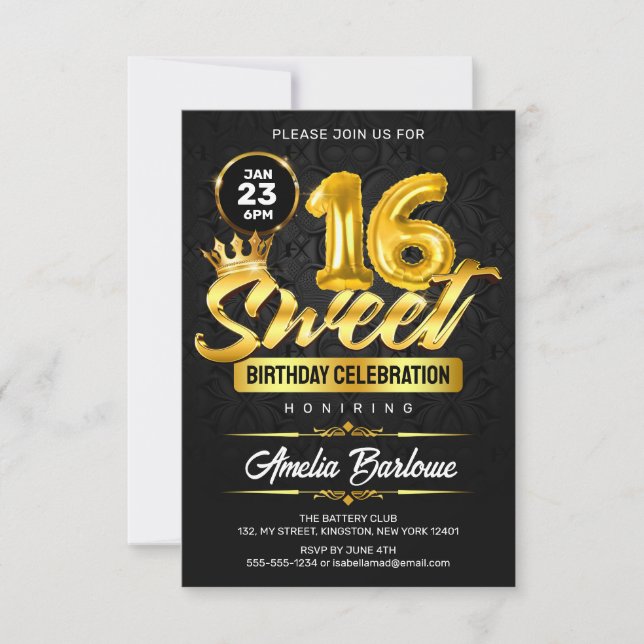 Elegant Sweet 16 Svart och Guld Premuim Inbjudningar (Framsida)