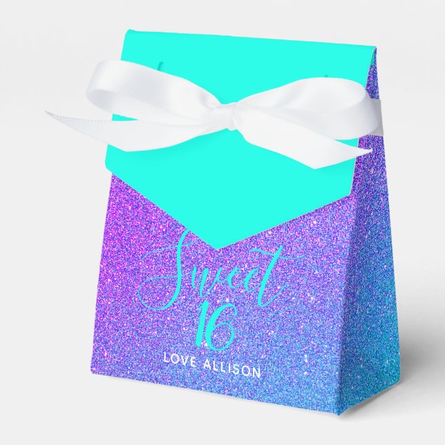 Elegant Sweet 16 Teal Lila Glitter Party Namn Presentaskar (Framsidan Sidan)