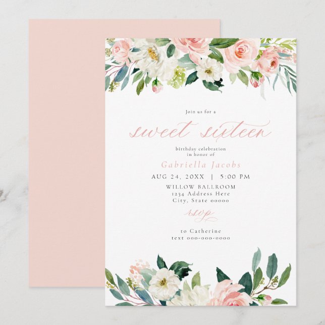 Elegant Sweet  Rosa Blommigt Sweet 16 Birthday Inbjudningar (Fram/baksida)