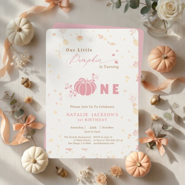 Elegant Sweet Rosa Little Pumpkin 1:a födelsedagen Inbjudningar (Elegant Sweet Pink Little Pumpkin 1st Birthday Invitation)
