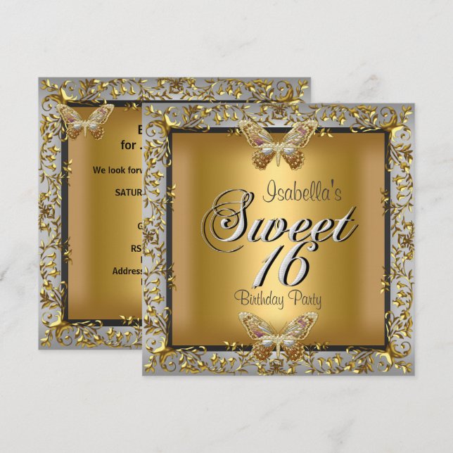 Elegant Sweet sixteen 16 Guld Butterfly Inbjudningar (Fram/baksida)