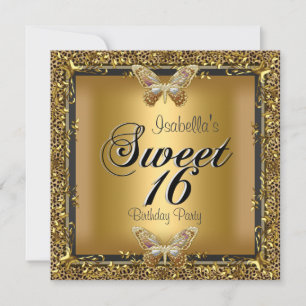 Elegant Sweet Sixteen 16 Leopard Guld Fjäril Inbjudningar