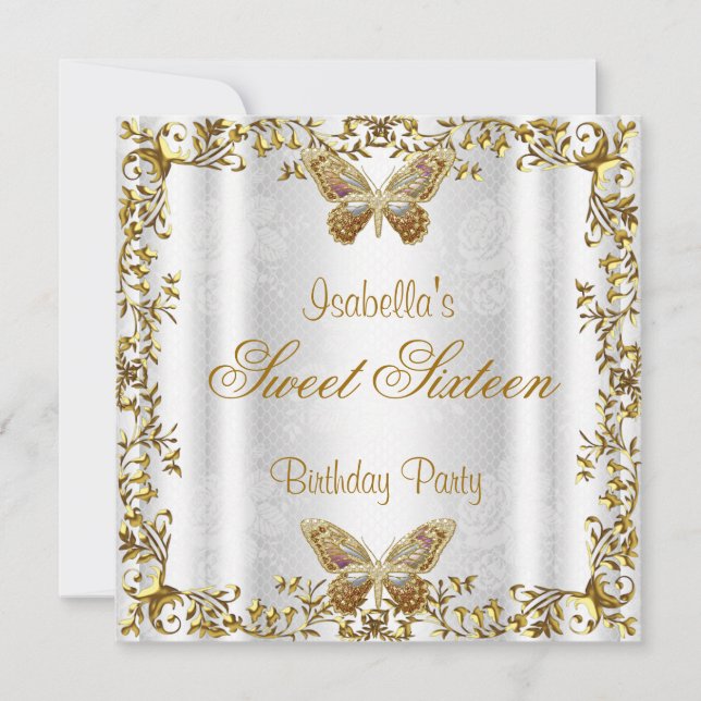 Elegant Sweet sixteen 16 White Guld Butterfly 2 Inbjudningar (Framsida)