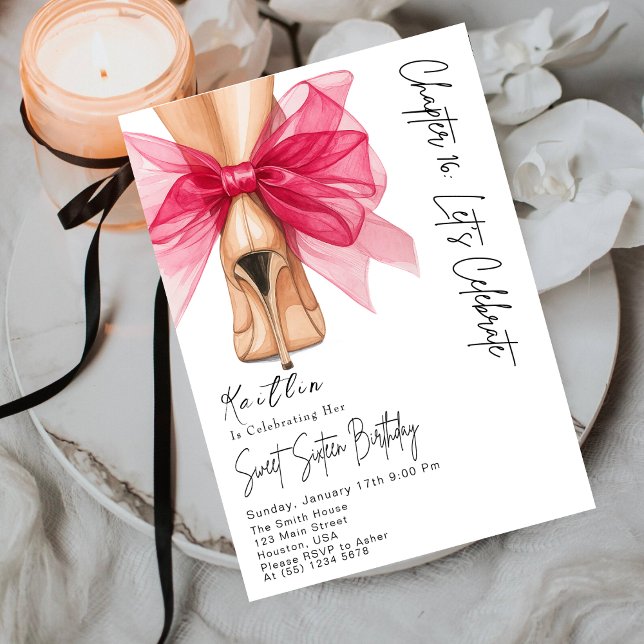 Elegant Sweet Sixteen Birthday High Heels Pink Bow Inbjudningar (Skapare uppladdad)