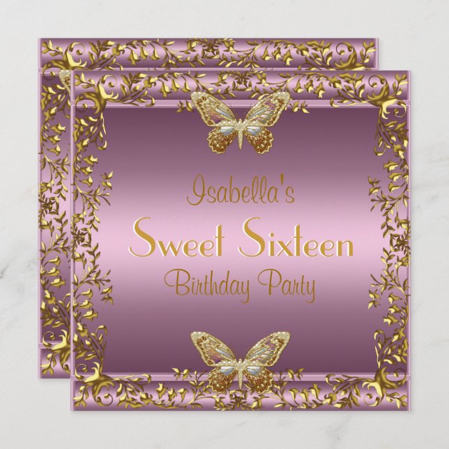 Elegant Sweet sixteen Birthday Rosa Guld Butterfly Inbjudningar (Fram/baksida)