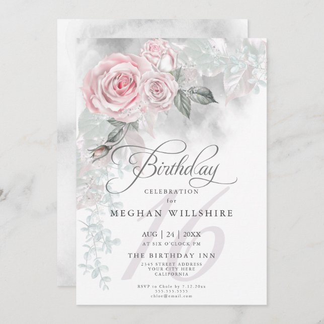 Elegant Sweet sixteen Birthday Watercolor PinkRose Inbjudningar (Fram/baksida)
