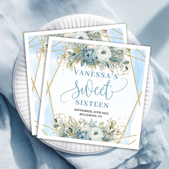Elegant Sweet Sixteen Blue Floral Gold Frame  Pappersservett (Elegant Sweet Sixteen Blue Floral Gold Frame Paper Dinner Napkins)