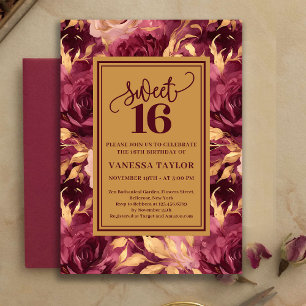 Elegant Sweet Sixteen Burgunder Rosa Guld Inbjudan