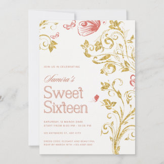 Elegant Sweet Sixteen Invitation | Gold Floral & P Inbjudningar