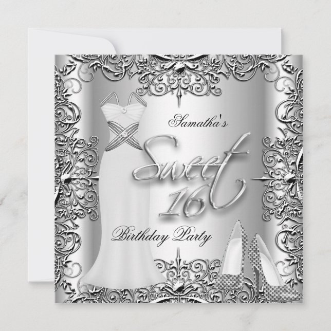 Elegant Sweet sixteen Sweet 16 Party Silver White Inbjudningar (Framsida)