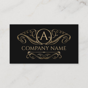 Elegant Swirl Monogram Guld på svart Visitkort