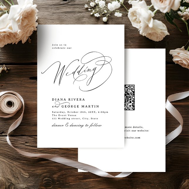 Elegant Swirl Script Simple QR code Wedding Inbjudningar (Elegant Swirl Script Simple QR code Wedding Invitation)