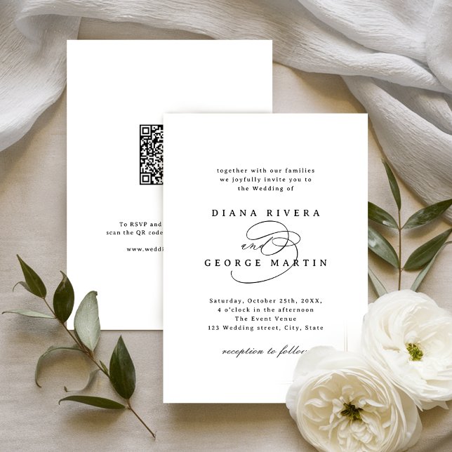 Elegant Swirl Script Simple QR code Wedding Inbjudningar (Elegant Swirl Script Simple QR code Wedding Invitation)