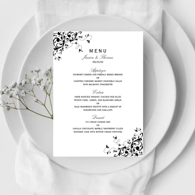Elegant Swirls Black & White Bröllop Menu Meny (Skapare uppladdad)