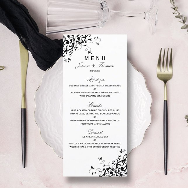 Elegant Swirls Black & White Bröllop Menu Meny (Skapare uppladdad)