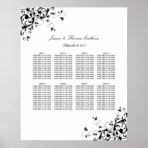 Elegant Swirls Black & White Bröllop Sittdiagram Poster