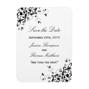 Elegant Swirls Black & White Bröllop spara datum Magnet