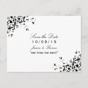 Elegant Swirls Black & White Bröllop spara datum Meddelande Vykort