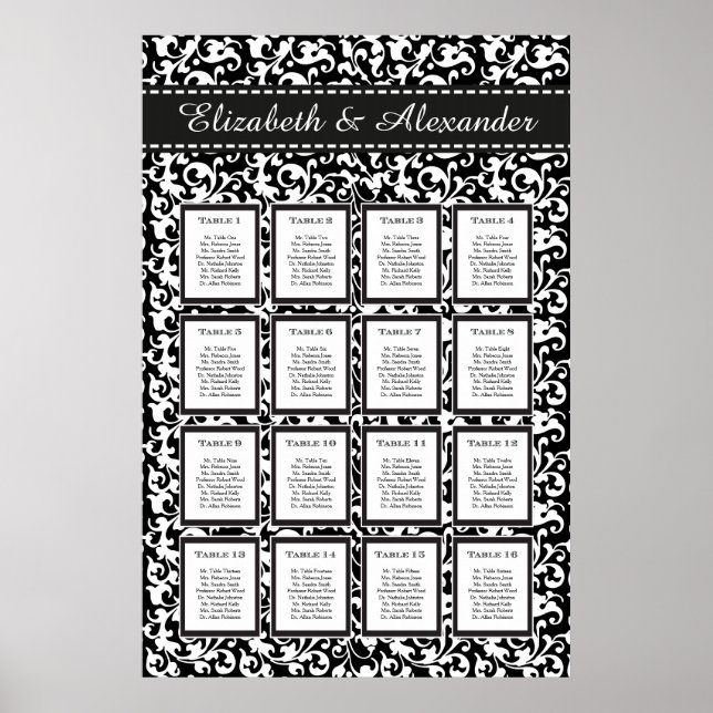 Elegant Swirls Bröllop 16 Bord Sittplatsdiagram Poster (Framsidan)