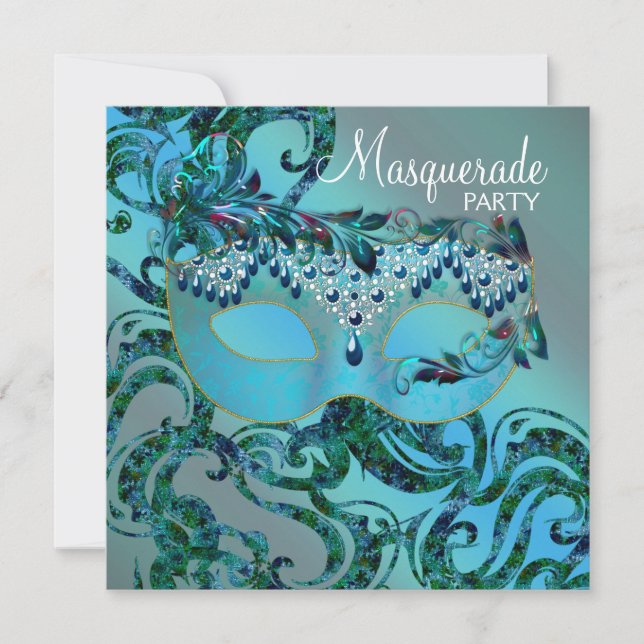 Elegant Swirls Teal Blue Masquad Party Inbjudningar (Framsida)