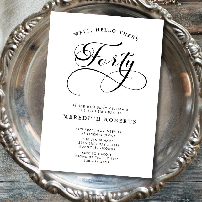 Elegant Swirly Calligraphy 40 Birthday Party Inbjudningar (Elegant Swirly Calligraphy 40th Birthday Party Invitations)