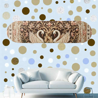 Elegant Symmetry Swan Couple Art Deco Floral Motif Mini Skateboard Bräda 18,5 Cm