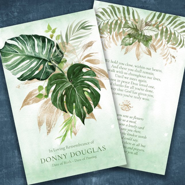 Elegant Sympathy Greenery Funeral Prayer Card Visitkort (Tropical Palms with faux gold leaves sympathy memorial prayer cards for a funeral)