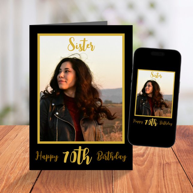 Elegant Syster 70:e födelsedag, svart Guld foto Kort (Skapare uppladdad)