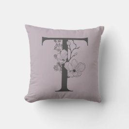 Elegant T Boho Blommigt Monogram Initial Lilac Grå Kudde