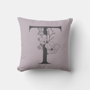 Elegant T Boho Blommigt Monogram Initial Lilac Grå Kudde