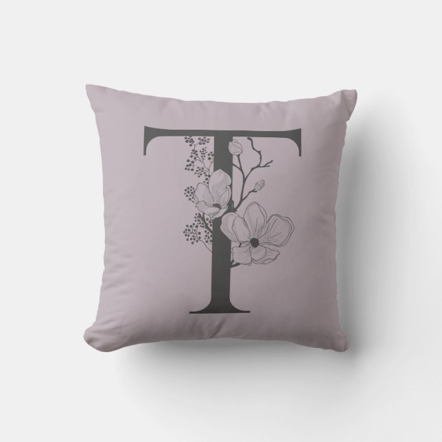 Elegant T Boho Blommigt Monogram Initial Lilac Grå Kudde (Framsida)