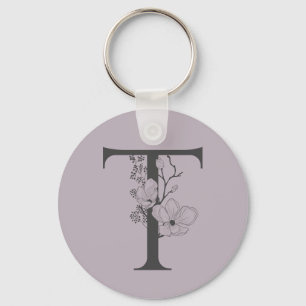 Elegant T Boho Blommigt Monogram Initial Lilac Grå Nyckelring