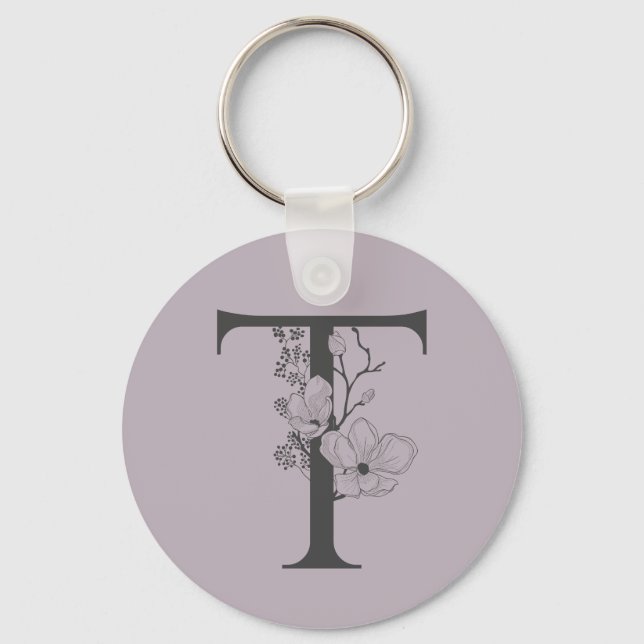 Elegant T Boho Blommigt Monogram Initial Lilac Grå Nyckelring (Framsida)