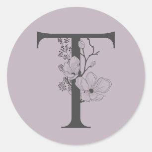 Elegant T Boho Blommigt Monogram Initial Lilac Grå Runt Klistermärke