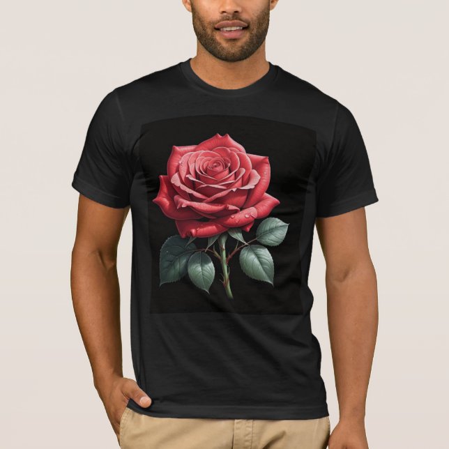 Elegant T-Shirt med Röd ros - minimalistisk Flora (Framsida)