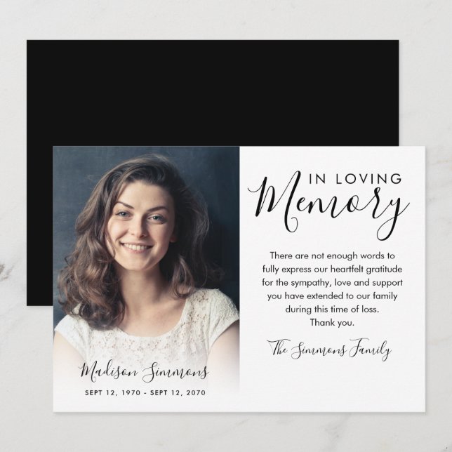 Elegant Tack Funeral Photo Sympathy Grief Kort (Fram/baksida)