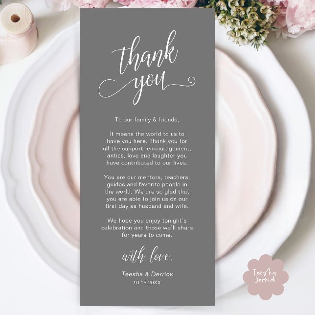 Elegant tackkort för bröllopsmiddag program (Classy Wedding Dinner Place Setting Thank You Card in Grey)
