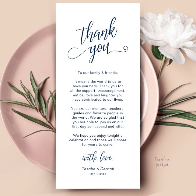 Elegant tackkort för bröllopsmiddag program (Classy Wedding Dinner Place Setting Thank You Card in Navy Blue)