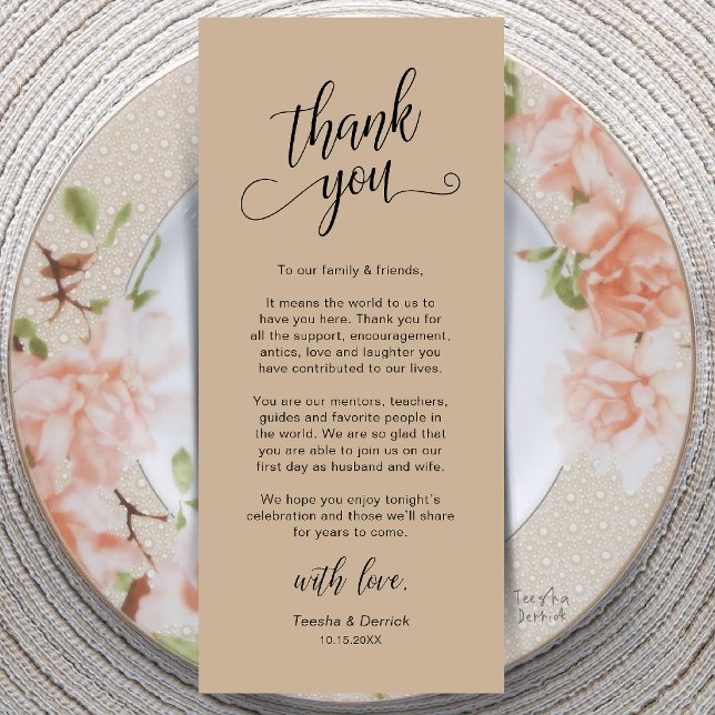 Elegant tackkort för bröllopsmiddag program (Classy Wedding Dinner Place Setting Thank You Card in Brown Tan)